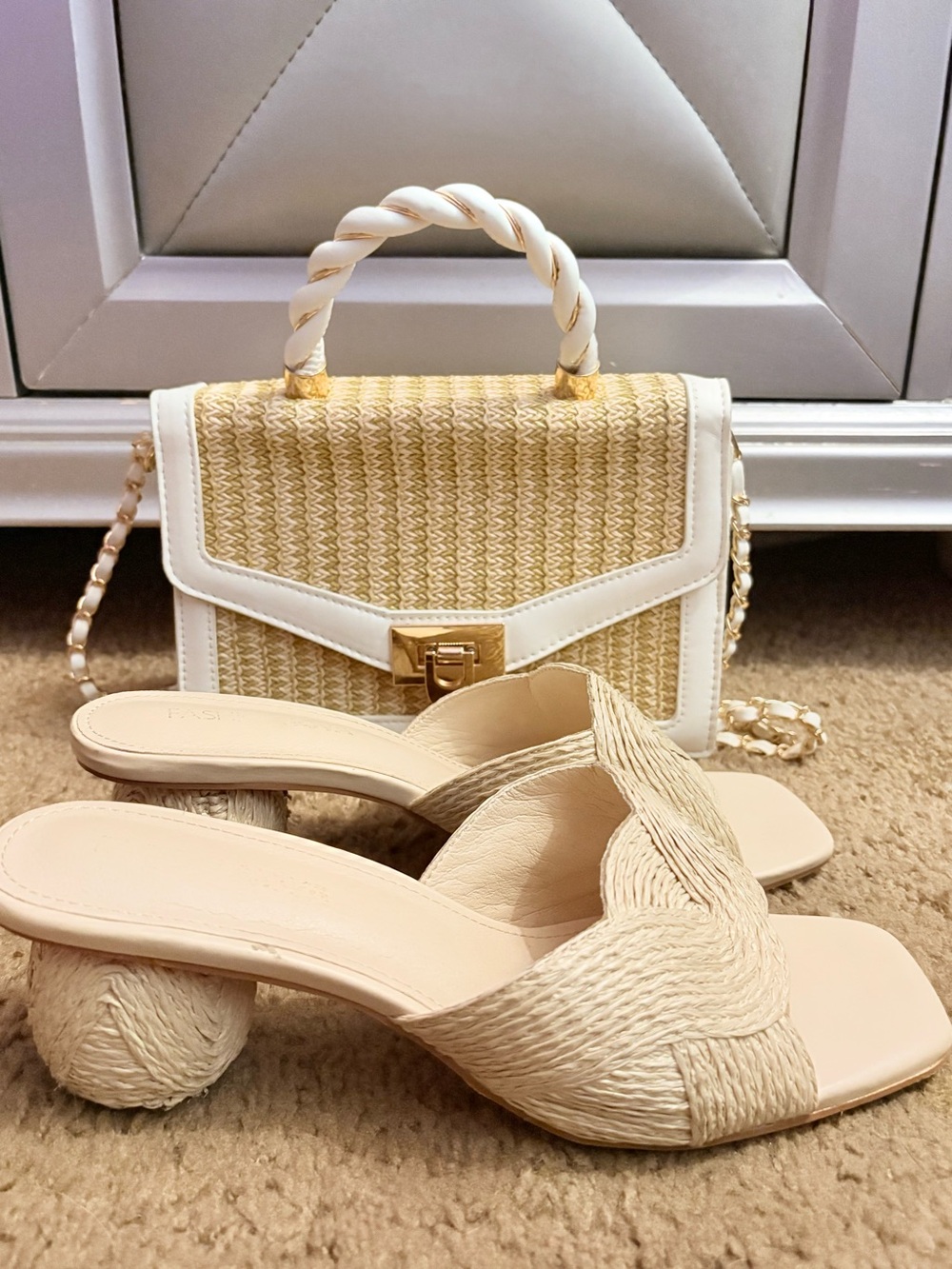 Ivory Raffia Woven Mules | Sculptural Round Circle Heel | Size 8
